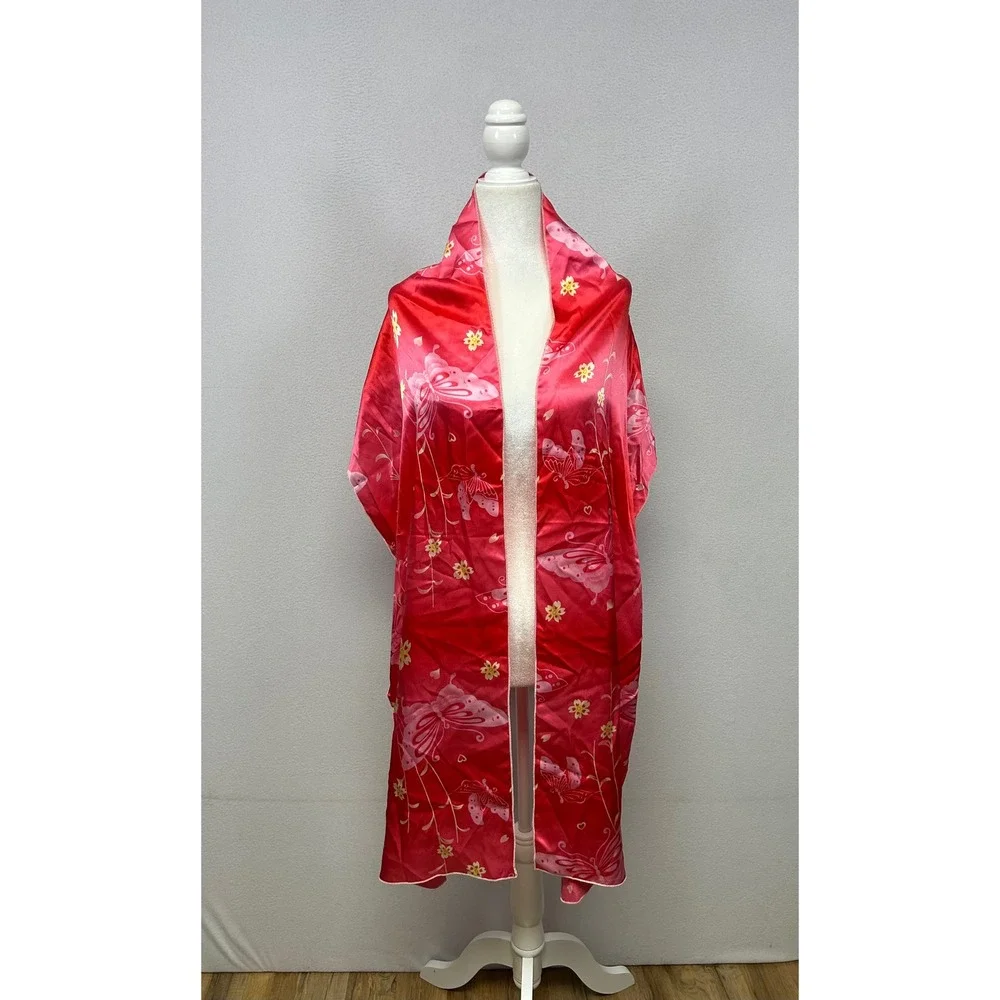 Y2K Whimsical Womens OS Red Pink Butterfly Floral Satin Long Scarf